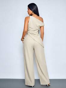 SOLERSUN Women's Asymmetrical Neck Draped Top And High Waisted Wide Leg Pants Matching Set,Old Money Style Elegant Dinner Party Khaki Summer - Apricot - View 3
