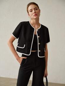 MOTF PREMIUM SUMMER CONTRAST TRIM SHORT SLEEVE SINGLE-BREASTED BUTTON-UP JACKET - Black and White - View 6