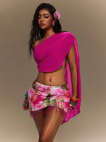 TypaGal Summer Tropical Sexy Vacation Pink Festival Y2K Ibiza Club Night Carnival Party Beach Women's Solid Color Asymmetric Neckline Cropped Wrap Top - Hot Pink - View 3