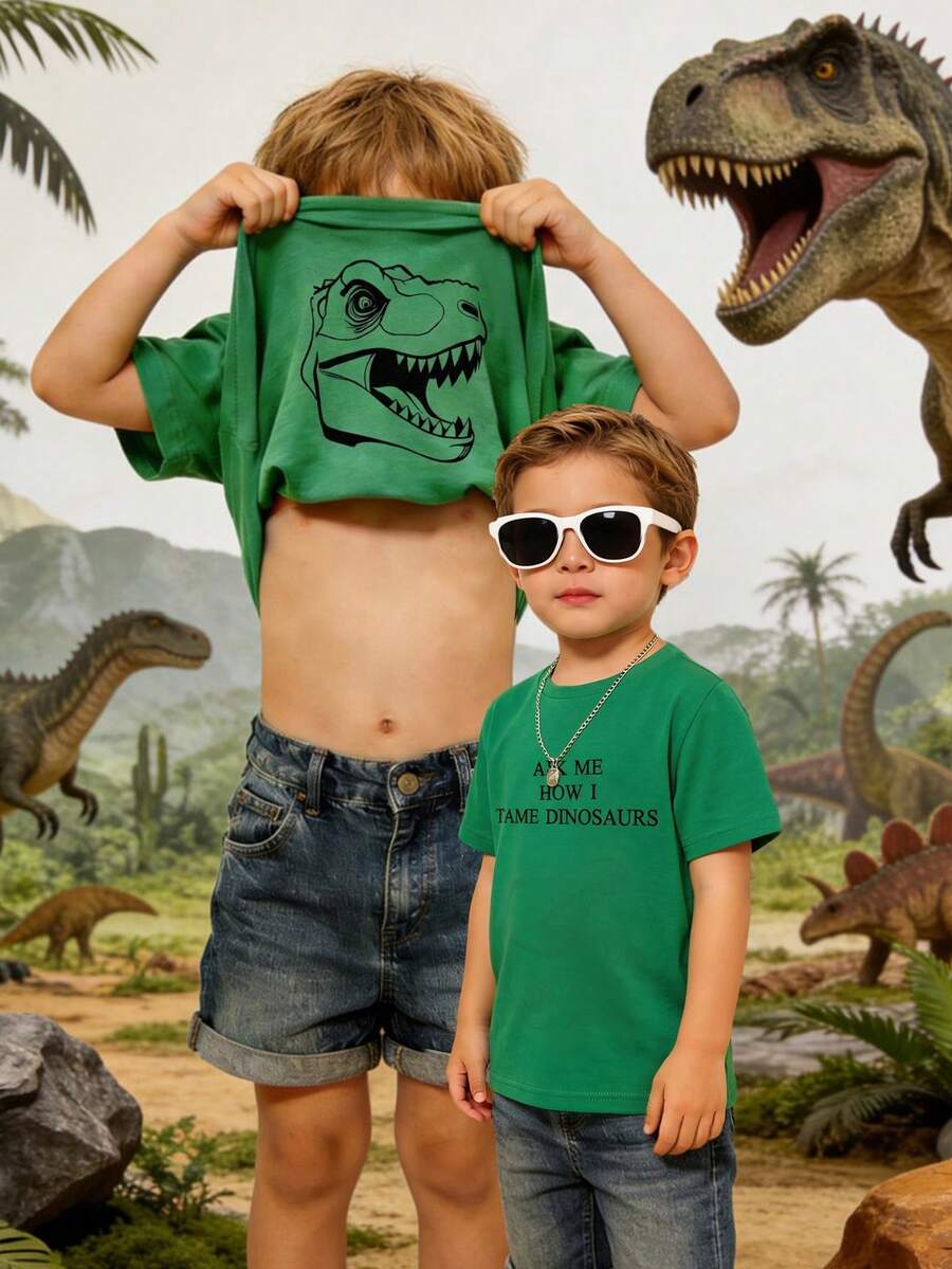 2pcs/Set Tween Boy Casual Preppy Cute Pattern Crew Neck T-Shirt And Shorts Set Two Piece Set Matching Set Graphic Tee Vacation Dinosaur Summer Outfits