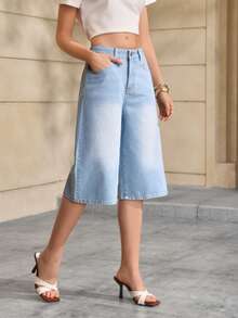 Selenza Women's Solid Color Fashion Straight Leg Cropped Jeans Everyday Light Blue Summer Casual Travel - Blue - View 5