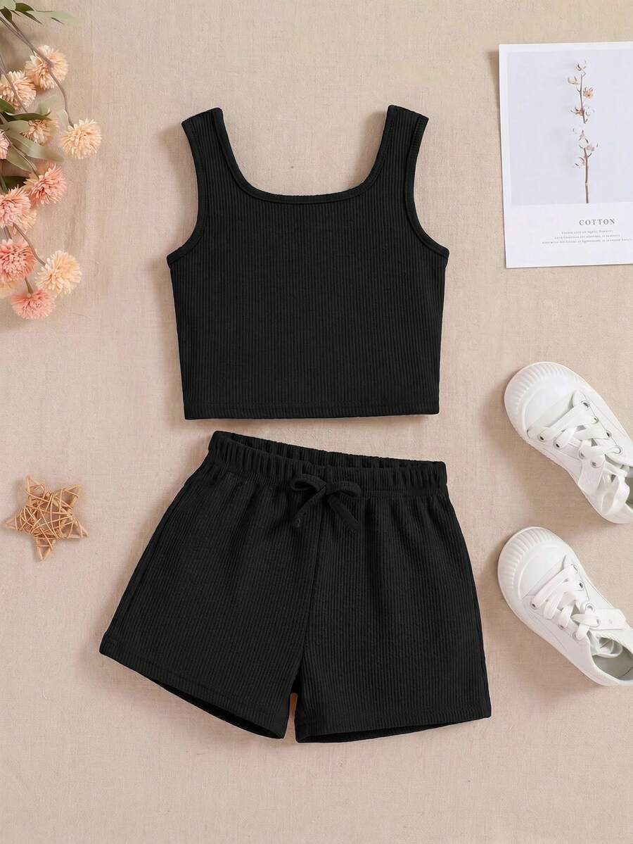 SHEIN 少女日常休閒居家素色無袖背心上衣與短褲套裝 - 黑色 - 查看 1