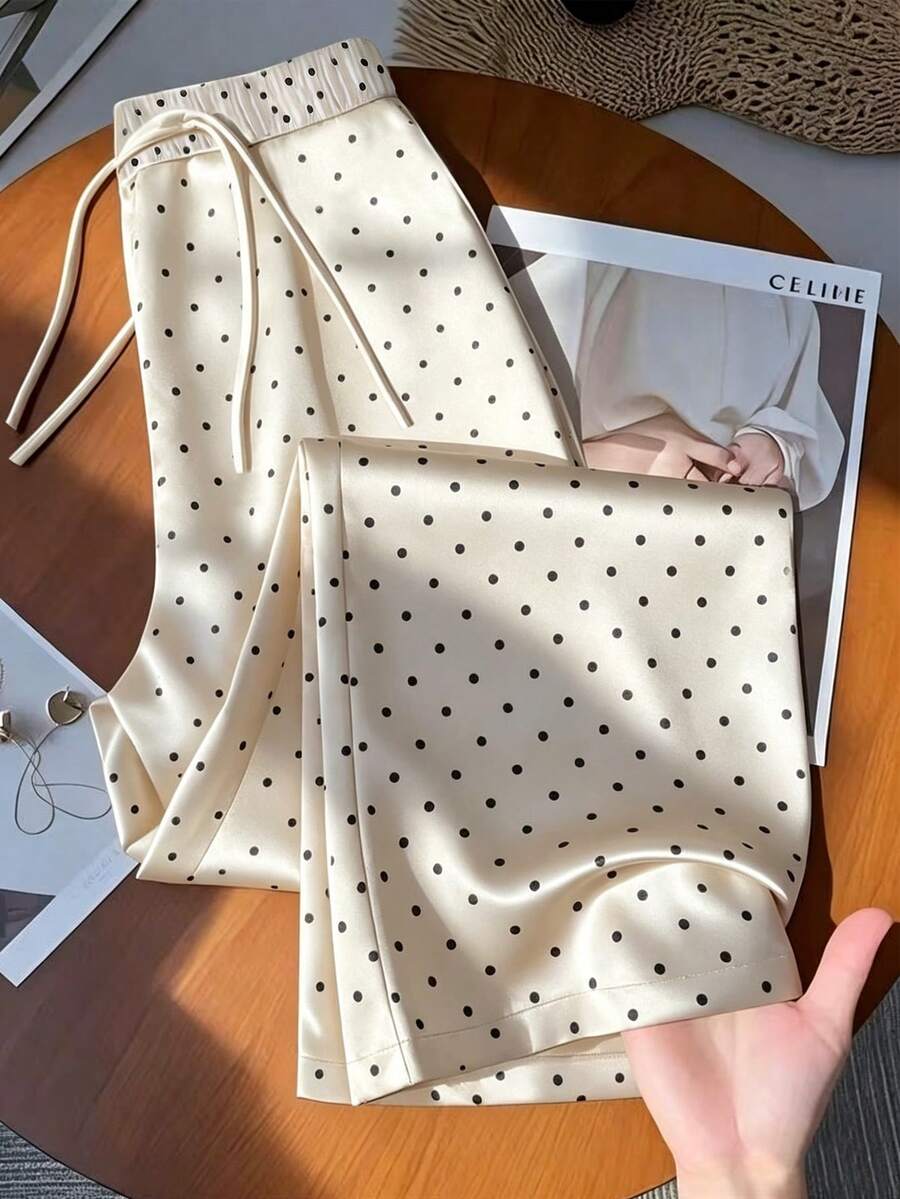 SHEIN Franclia 優雅通勤女款長褲,高腰圓點緞面亮面對比色寬腿長褲,春、夏、秋、冬外出長褲,約會夏季百搭長褲 - 米色 - 查看 1