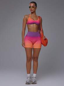Musera Sport Bra Olahraga Model Ombre Motif Belahan Dada Dalam, Bagian Dada Berkerut, Punggung Terbuka, Model Halterneck, Atasan Saja, Cocok untuk Aktivitas Olahraga, Pilates, Lari, Imut, Feminin, Sehari-hari, Slowburn - MultiWarna - View 5