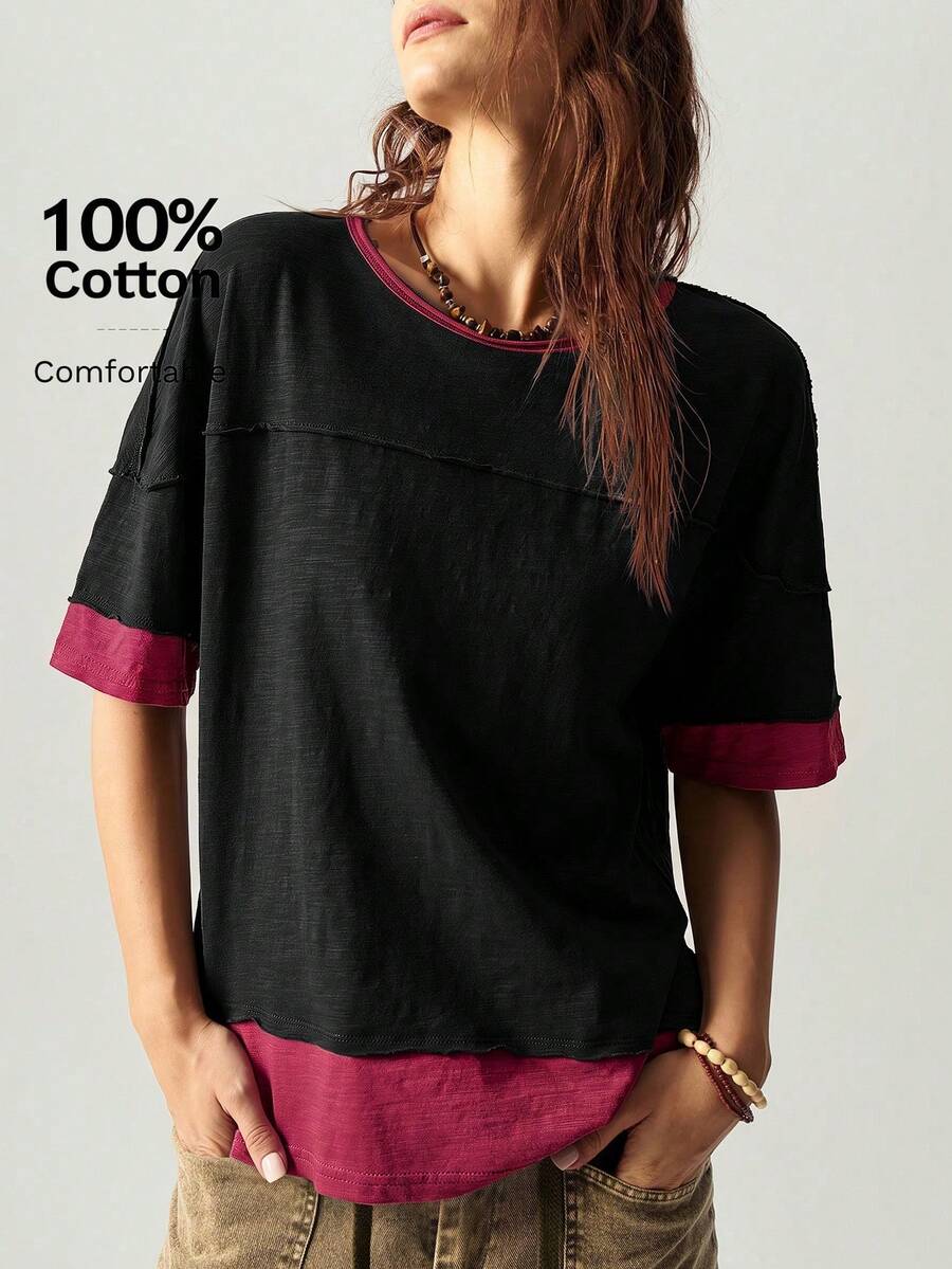 Bohemela Casual Knit Colorblock Crew Neck Short Sleeve Loose Fit Women's T-Shirt - Black - View 1