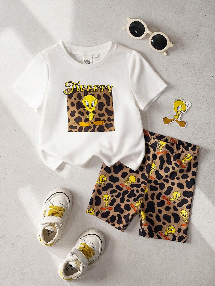 LOONEY TUNES X SHEIN Baby Girl Cartoon Print Short Sleeve Crew Neck T-Shirt And Shorts Set - White - View 1