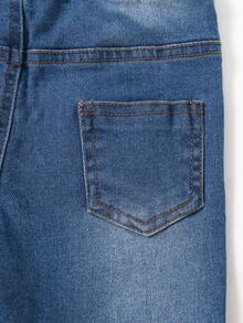 Jeans de mezclilla para bebé niño con cintura elástica, pierna recta, azul lavado, desgastado, versátil - Azul lavado medio - View 5