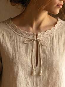 SHEIN Holidaya Women's Summer Short Sleeve Linen Loose Casual Shirt, Vintage Artistic Lace Trim Pullover Round Neck Blouse, Tang Style Zen Versatile Short Sleeve Top - Apricot - View 4