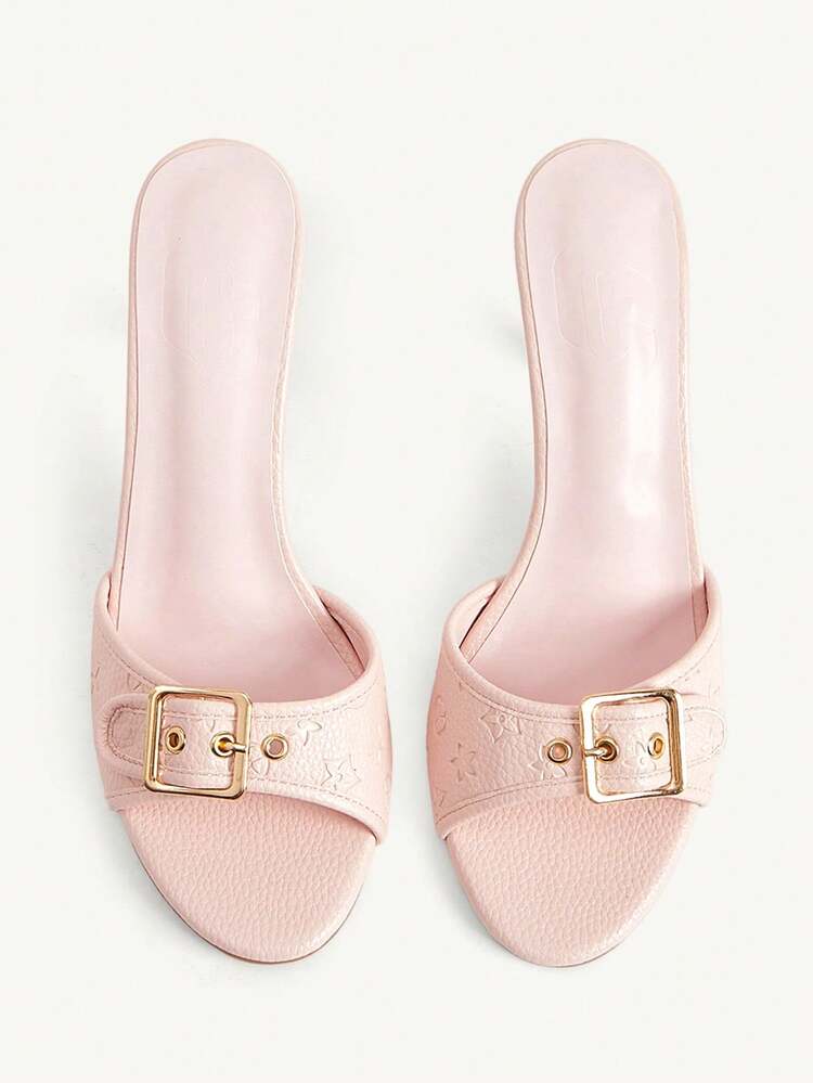 CUCCOO CHICEST Women Shoes Pink Embossed PU Gold Buckle Design Fashion Sexy Temperament Round Toe High Heel Cool Slippers
