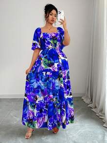 Elenzga Plus Size Square Neck Ruffle Sleeve Tropical Print Vacation Dress Wedding Guest Blue And White Summer - Purple - View 1