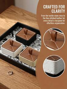 Haus Hana 1Pc Travertine Style Cotton Swab Holder, With Faux Stone Base And Leather Lid, Compact Design For Organizing Cotton Swabs, Toothpicks And Small Items, Ideal For Bathroom, Hotel And Home Decor. - multicolor - View 12