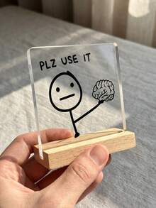 Haus Hana 1PC/2pcs/3pcs Square Acrylic Desktop Ornament With Wooden Base, Featuring A Stick Figure Design And The Phrase "Plz Use It". Makes A Great Gift For Friends. - multicolor - View 8