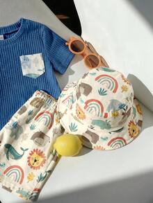 SHEIN 3件組中性嬰兒男童女童幼童男童3件/套 春夏可愛動物印花短袖T恤針織上衣與短褲及帽子套裝多件組，春夏嬰兒男童服裝套裝，嬰兒男童短袖上衣 - 彩色 - 查看 5