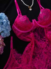 Crystal Vow Set 2pcs Gaun Tidur Seksi Transparan dengan Kawat Penyangga dan Renda - Hot Pink - View 3