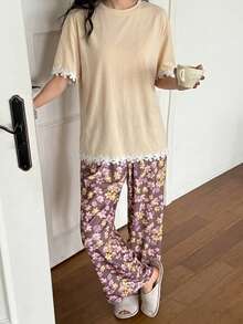 DAZY 2pcs/Set Women's Pajama Set, Contrast Trim Loose T-Shirt Top & Floral Print Pajama Pants Summer - Baby Pink - View 5