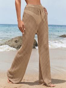 SHEIN Swim 女款度假休閒海灘鏤空設計腰部綁帶罩衫長褲 - 卡其色 - 查看 5