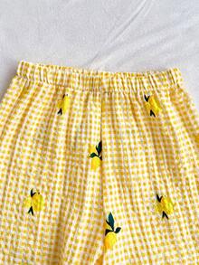 SHEIN Baby Girl Kids Yellow Plaid Camisole And Shorts Set With Lemon Print For Vacation Style Two Pieces Summer Outfit Holiday - Yellow - View 7