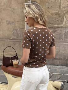 Serisse Women's Contrast Polka Dot Print Short Sleeve Knit Top - Brown - View 7