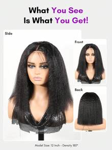 ALL READY WIG Kinky Straight 無膠 Bob 短髮假髮，可調節彈性抽繩人造髮蕾絲假髮，女用全就緒假髮，預漂白、預拔髮、預剪蕾絲融合 4x4 蕾絲封口無膠假髮，含前髮，100% 真人髮 - Natural Black - 查看 4