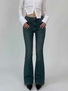 Joudiya Solid Flare Leg Jeans - Dark Wash - View 13