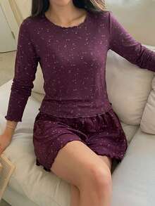 DAZY 舒適碎花印花 2件組長袖T恤 & 短版睡褲夏季女款睡衣套裝 - 紫色 - 查看 4