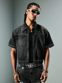 ROMWE MEN Street Life Áo khoác denim nam khóa kéo phong cách casual đa năng dùng hàng ngày và du lịch - Xám - Xem 4