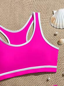 Teen Girl Colorblock Tank Top And Triangle Bikini Bottom Swimsuit Set For Beach Vacation - Hot Pink - View 3
