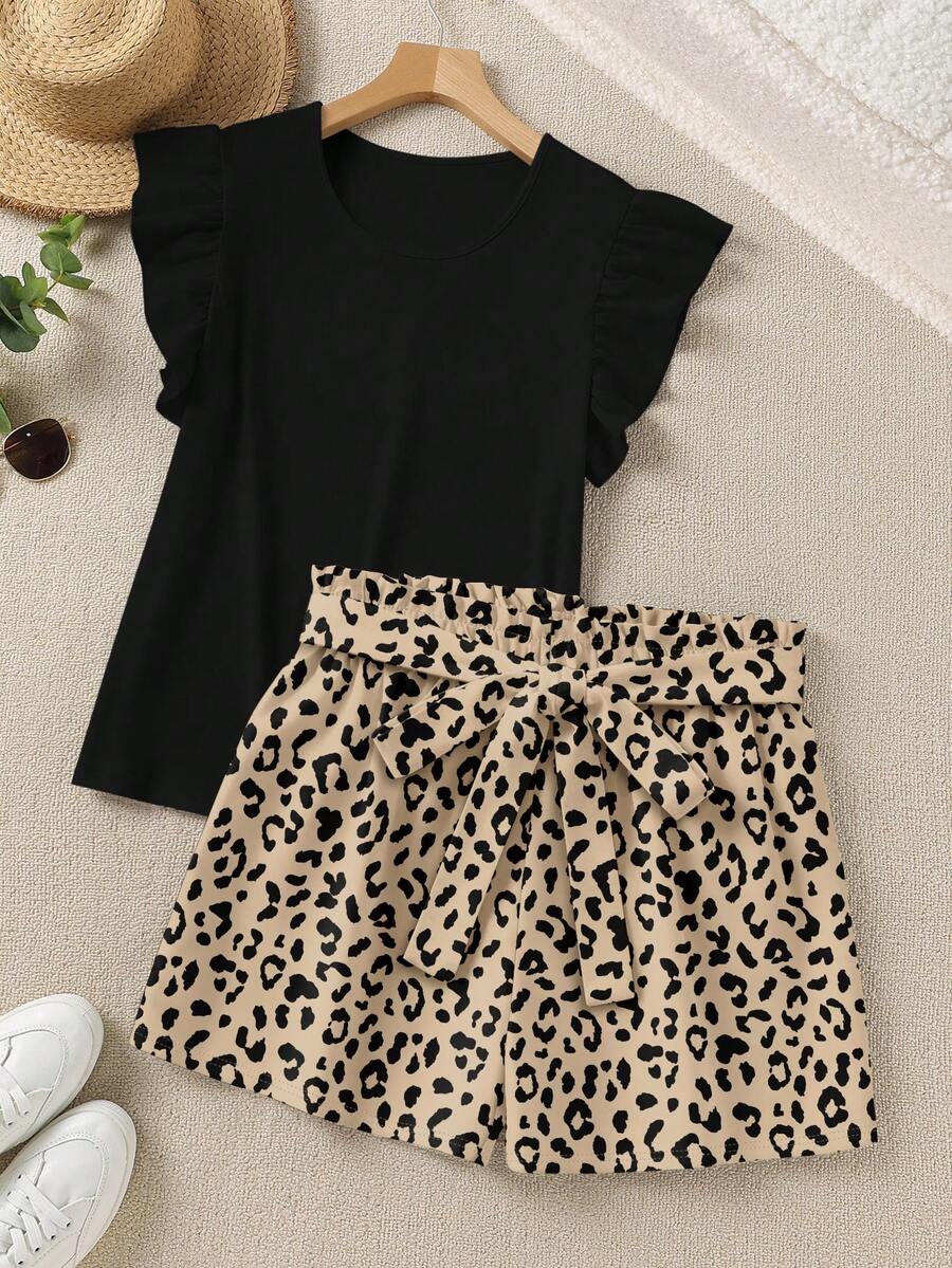 SHEIN LUNE Conjunto de 2 piezas con estampado de leopardo, shorts con lazo y top de manga volada, talla grande - Multicolor - Ver 1
