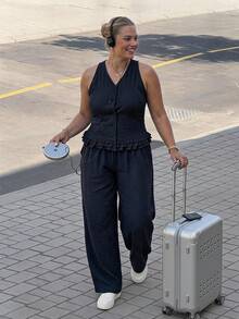 Dazy Plus Navy Blue Summer Smart Casual Vacation Women Plus Size Ruffle Patchwork Sleeveless Cardigan Vest Top & Straight Leg Pants Set,Elegant Lounge Sets - Navy Blue - View 7