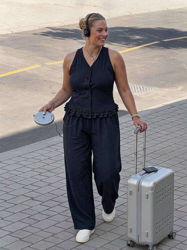 Dazy Plus Navy Blue Summer Smart Casual Vacation Women Plus Size Ruffle Patchwork Sleeveless Cardigan Vest Top & Straight Leg Pants Set,Elegant Lounge Sets
