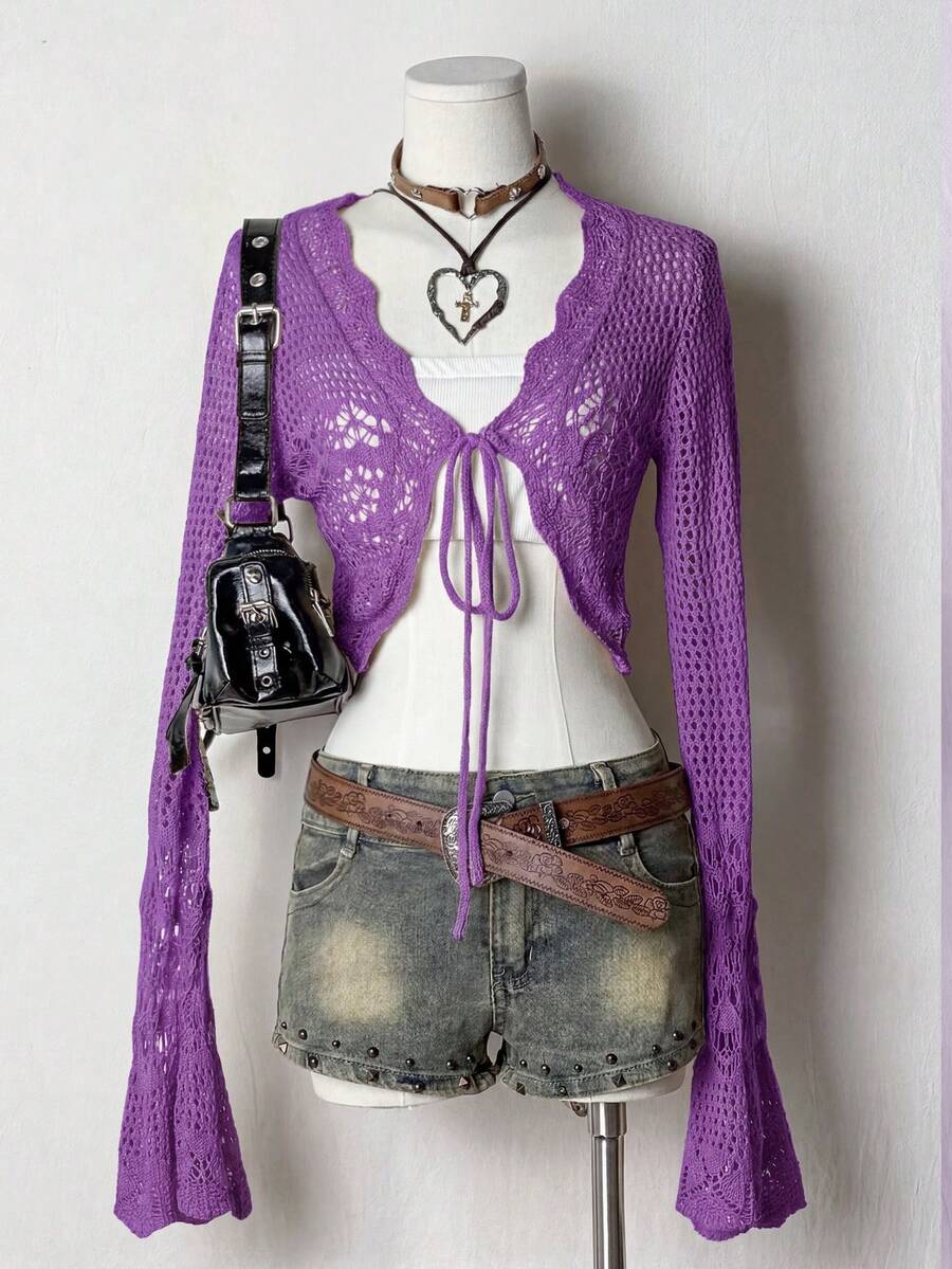 SHEIN Unity 女款鏤空繫帶鉤編開襟衫,適合日常穿著 - 紫色 - 查看 1