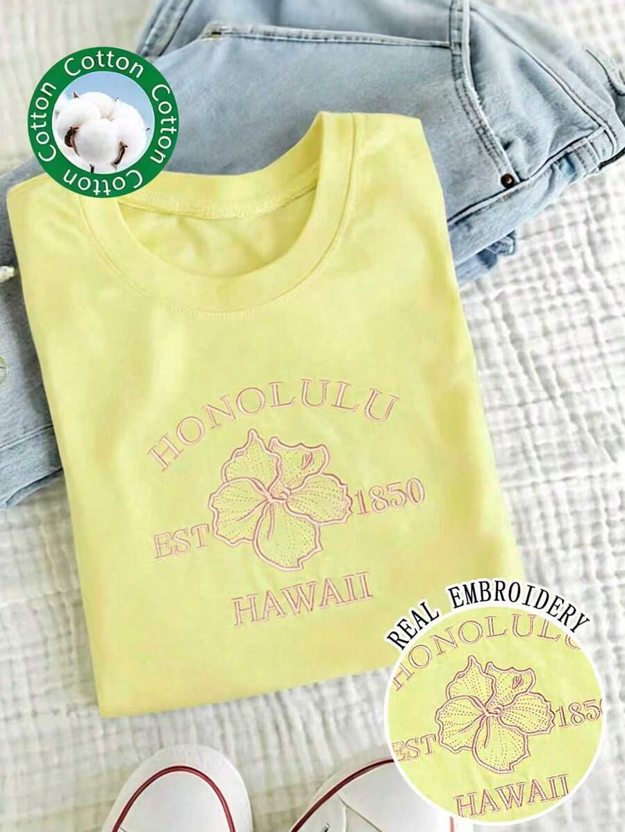 Franclia Plus Size Women's Versatile Embroidered Round Neck Short Sleeve T-Shirt - Yellow - View 1