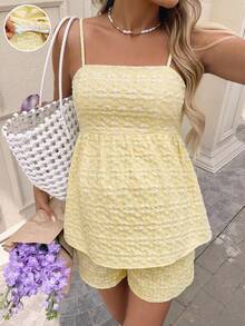 SHEIN Two-Piece Maternity Set, Cream Yellow, Summer, Bohemian Style, Holiday Textured Jacquard Camisole And Shorts, Casual Maternity Wear - Yellow - View 1