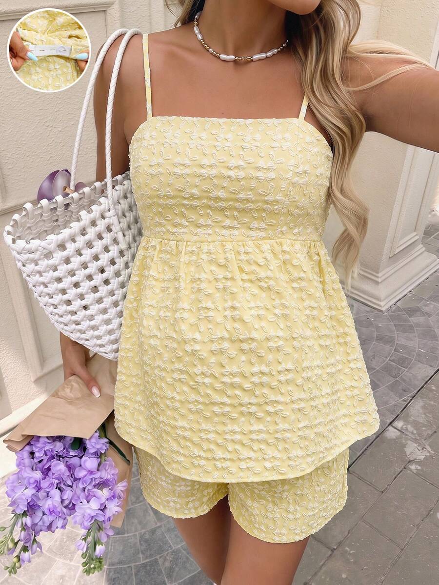 SHEIN Two-Piece Maternity Set, Cream Yellow, Summer, Bohemian Style, Holiday Textured Jacquard Camisole And Shorts, Casual Maternity Wear - Yellow - View 1