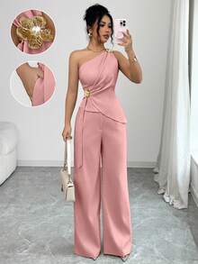 SHEIN Raffinéa 極簡性感風不對稱領口背心上衣與下裝2件組女裝套裝 - 粉色 - 查看 9