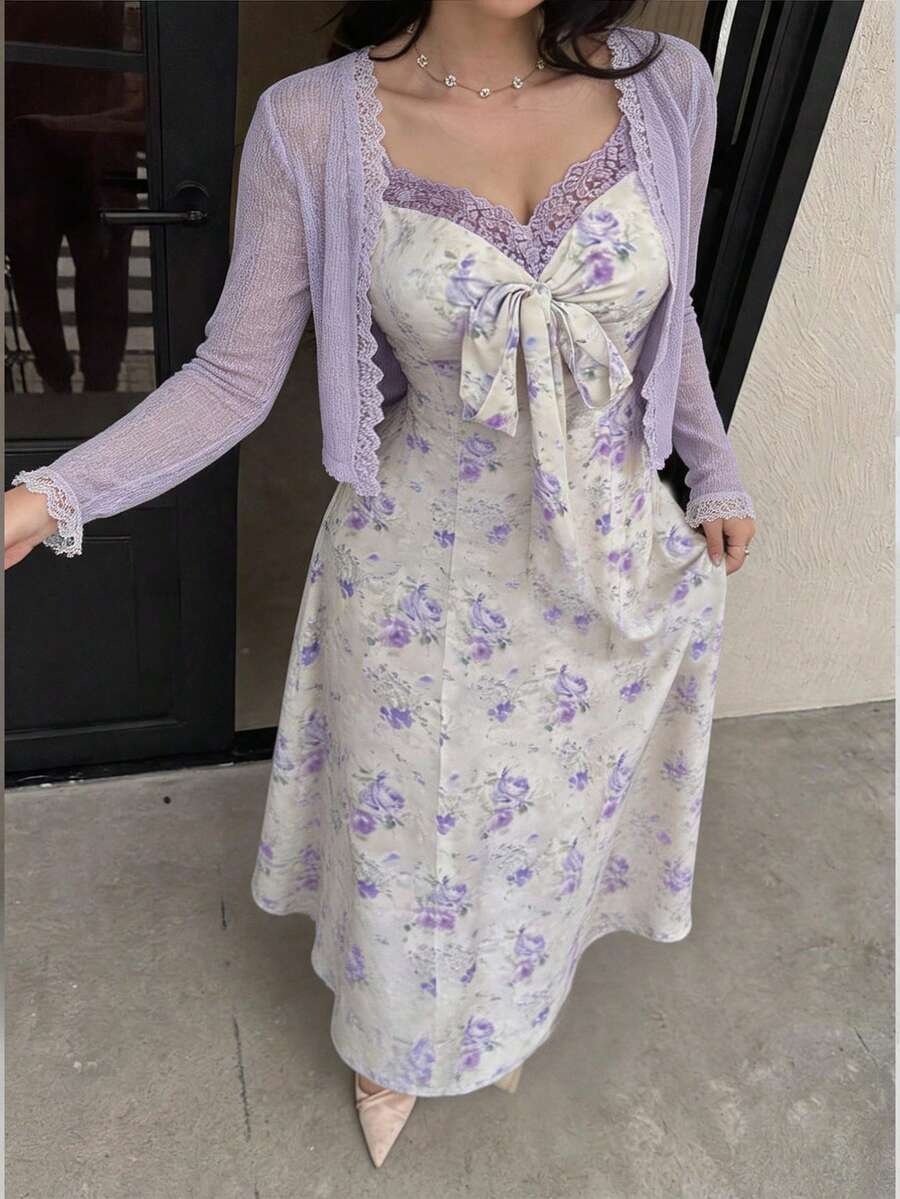 Feyla Set 2 Potong Atasan Lengan Panjang Warna Polos Ukuran Besar & Gaun Camisole Motif Bunga - MultiWarna - View 1