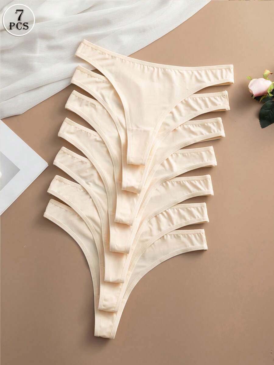 SHEIN مجموعة 7 قطع من سراويل الثونغ بدون خياطة منخفضة الخصر مريحة ومتعددة الاستخدامات - لون مشمشي - مشاهدة 1