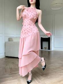 Modelyn Halter Neck 3D Floral Mesh Patchwork Multi-Layer Chiffon Pink Dress - Pink - View 7