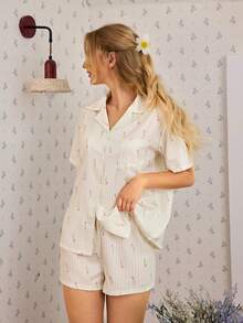 CottageSlumber Conjunto de Pijama Feminino Solto com Cardigan de Manga Curta e Shorts, Estampa Floral Miúda e Listrada - Verde - Visão 5