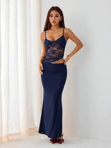 SHEIN PETITE 女款細肩帶露背魚尾下擺貼身洋裝 - 藏蓝色 - 查看 3