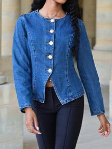 Mima John Women's Blue Denim Jacket With Round Neck, Long Sleeves And Waist, Decorated With Metal Buttons, Suitable For Korean-Style Workplace Wear In Autumn Winter Casual Spring - Dark Wash - View 6