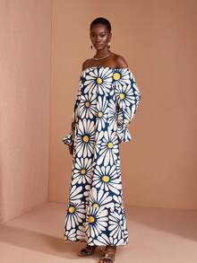 JIAN LASALA All-Over Floral Print Off-Shoulder Lantern Sleeves Women Ruffled Maxi Dress Holiday Vacation Navy Blue Floral Summer Boho - Multicolor - View 3
