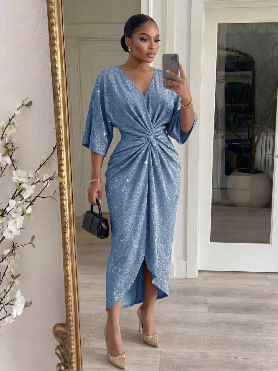 SHEIN Lady CURVE Đầm tay lửng 3/4, eo xoắn phía trước, dáng thanh lịch, cỡ lớn, thích hợp cho mùa hè. - Màu xanh bụi bặm - Xem 1