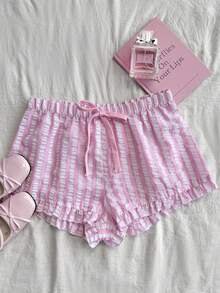 Elamini Pantalones cortos casuales de vacaciones para mujer con rayas, plisados y cordón ajustable - Rosa - Ver 4
