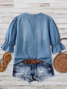 EMERY ROSE EMERY ROSE Top de mezclilla casual simple con mangas de volantes para verano talla grande - Azul - Ver 2