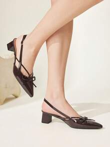 CUCCOO CHICEST Dark Brown Pointed Bow Slingback Thick Heel Sandals, Workplace Commuting Temperament Shoes - Three knives dark brown - View 5