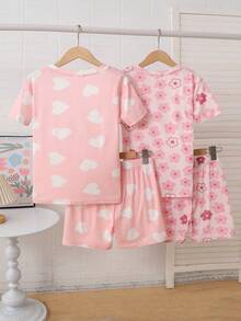 SHEIN Set Piyama Rumah Kasual Sehari-hari untuk Anak Perempuan Remaja, Atasan Lengan Pendek Leher Bulat Motif Seluruh Permukaan dan Celana Pendek, 4 Potong - Berwarna merah muda - View 4