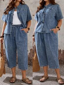 EMERY ROSE EMERY ROSE Plus Size Women's Dark Blue Washed Denim 2-Piece Set,Summer Casual Vacation Button-Front Short Sleeve Mandarin Collar Top & Elastic Waist Culottes - Blue - View 2