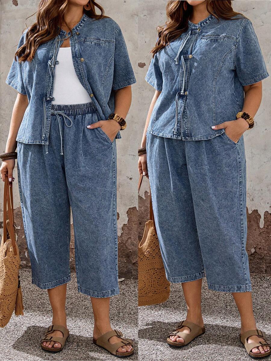 EMERY ROSE EMERY ROSE Plus Size Women's Dark Blue Washed Denim 2-Piece Set,Summer Casual Vacation Button-Front Short Sleeve Mandarin Collar Top & Elastic Waist Culottes