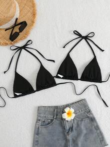 26SS Primavera/Verano Top de Bikini de Cuello Triangular con Patrón de Maíz en Cuero Charol 2 piezas - Negro - Ver 2